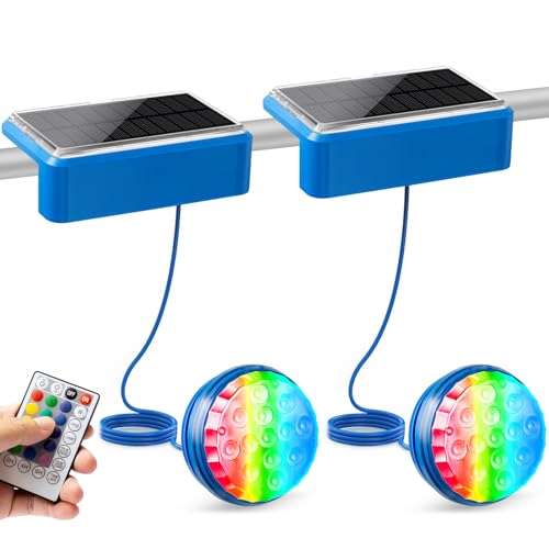 2 Stück Solar Poolbeleuchtung Licht, Solarbetriebene Unterwasser LED Pool Lichter mit Fernbedienung, IP68 Wasserdichte Schwimmbad Beleuchtung 16 Farben, für Oberirdische, Unterirdische Pool, Teich