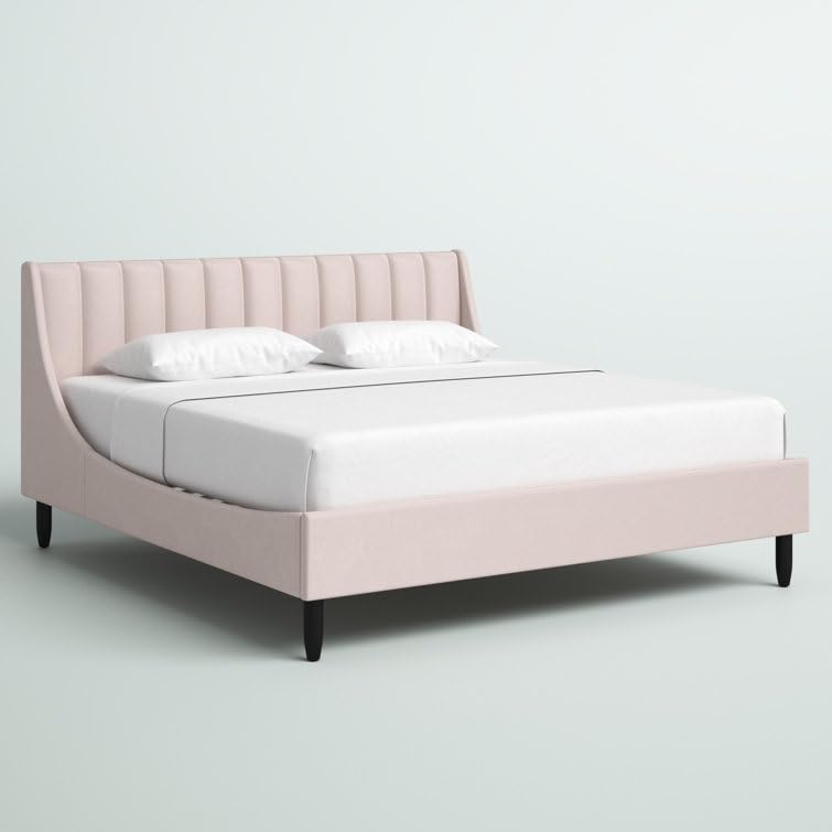 Image of HITHOS Solid Wood Modern Upholstered Queen Size Bed with Wingback Headboard | Wooden Double Bed Cot Palang Without Storage (Light Blush Pink) 1 Year Warranty