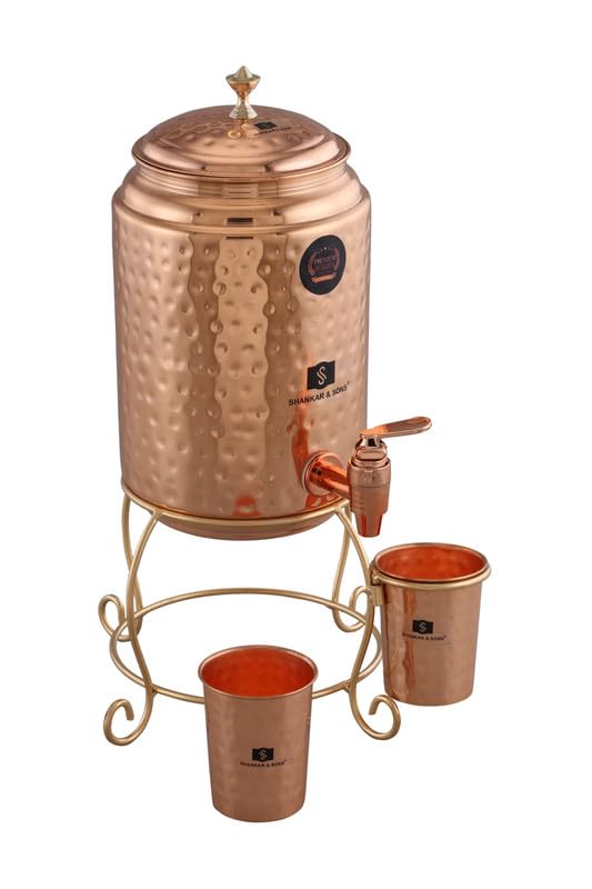 Image of SHANKAR & SONS 5 Litre Copper Water Dispenser Pot with Golden Iron Stand and 2 Glasses | Hammered Texture, Non-Toxic, BPA Free with Added Health Benefits Traditional Matka for Drinking Water