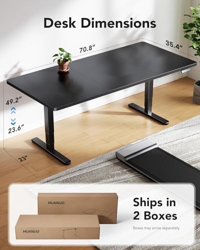 Image of HUANUO 70x35 Inch 3-Stage Legs Electric Standing Desk, Large Height Adjustable Office Desk with Brushless Motor, Stand Up Desk with 4 Memory Presets & 2 Hooks, Computer Desk for Home Office, Black
