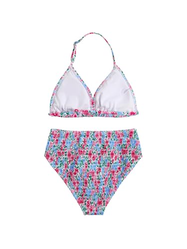 Image of RoseSeek Girl's Tie Dye Smocked 2 Piece Swimwear Sets Backless Halter Bikini Cute Brief Bathing Suit