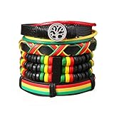 DVOFU 4 pulseras tejidas de cuero Rasta Bob Marley, pulseras de cuero trenzado hippie a cuadros, pulsera jamaicana ajustable para hombres y mujeres, joyería de moda