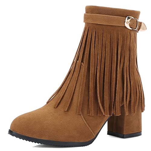 Trendenzy Women's Ankle Fringe High Heels Boots Chunky Zip Up Booties4