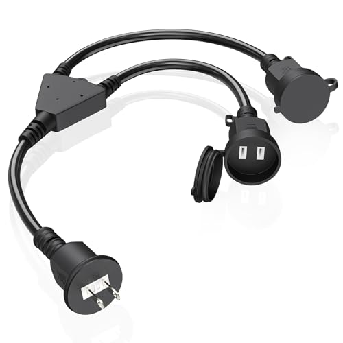 HITRENDS 屋外用防水延長コード 0.5m 2口分配タイプ 防雨キャップ付き コードリール式 電源タップ コンセント増設 屋内兼用 丸型ソケット対応 (0.5m ブラック)