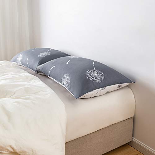 YuHeGuoJi Pillowcases 100% Cotton Queen Size Set of 2 Gray Grey White Dandelion Floral Print Decorative Bed Pillow Covers with Envelope Closure Luxury Quality Soft Breathable (2 Packs, 20 x 26 Inches)