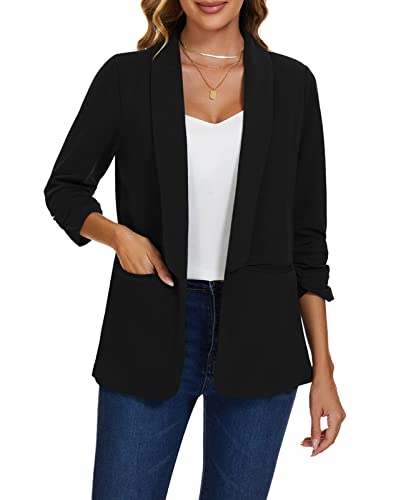 MINTLIMIT Womens Open Front Casual Blazer 3/4 Ruched Sleeve Shawl Lapel Business Work Blazers Jackets with Pockets4
