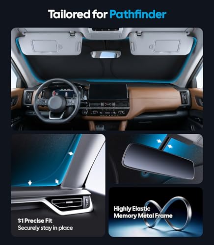Image of Wigoo for Pathfinder Windshield Sunshade [OEM Design, 100% Sun Blockage] Foldable Heat Insulation Sun Shade with Storage Bag, for Pathfinder (2022-2026), Silver Coating