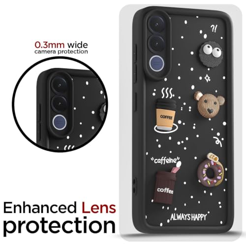 Image of Bintage Back Cover Compatible for Vivo V2558 / Vivo V70 FE 5G | Cute Fun Ball | 3D Taddy Smiley Coffee | Milk Case | Full Body Protection - Black