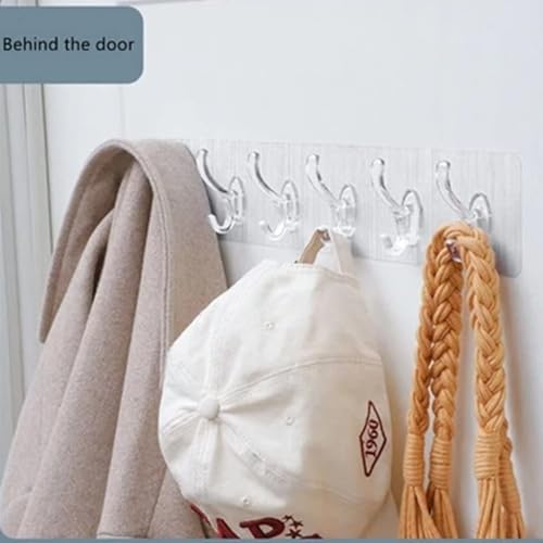Image of Hooks for Wall Without Drilling - 6 Hook Strip, 2 Pack - Transparent, Wall Mounted Hooks for Hanging Strong - Adhesive Hooks for Heavy Duty (Transparent 6 Hook Strip, 2)