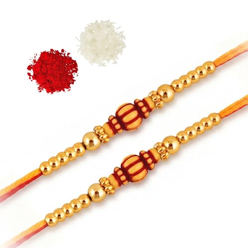 Image of Lucky Jewellery Set of 2 Traditional Gold Beaded Designer Rakhi for Brother with Auspicious Roli Chawal (18-S8R1-PA0213-2)