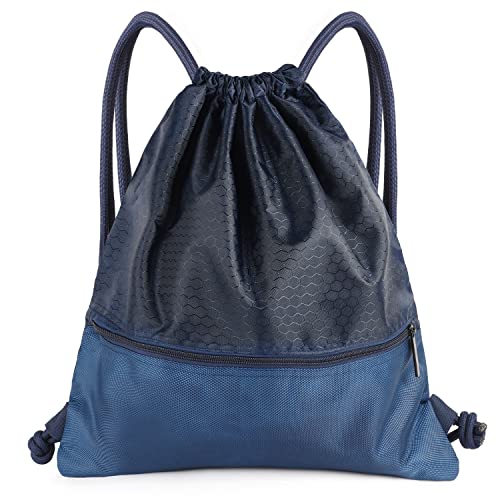 Image of Drawstring Backpack Bag, Waterproof Draw String Back Sack with Zip Pocket, Gym Drawstring Bags Swim Bag for Men Women