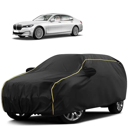 Image of Sulfar 100% Water Resistant Car Body Cover Compatible with Mirror for BMW 7 Series (Triple Stitched, Full Bottom Elastic, Black Tafetta with Yellow Piping)