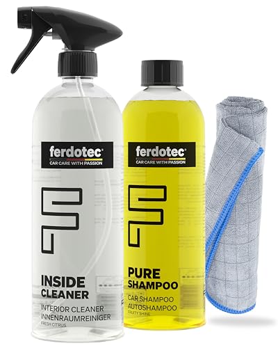 FERDOTEC Juego de limpieza para coche – Limpiador interior (750 ml) + champú y paño de microfibra gris para plástico, cuero, tapicería, alcantara y pantallas táctiles, suave para encerar y sellar