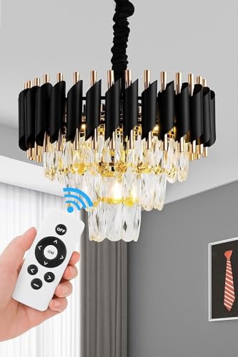 Image of Modern Ceiling Lamp 3-Tier Round Crystal Chandelier for Living Room | Bluetooth Remote Control and Moving Round| Speaker+ Multi Color LED Light (Remote Black Gold, 400MM)