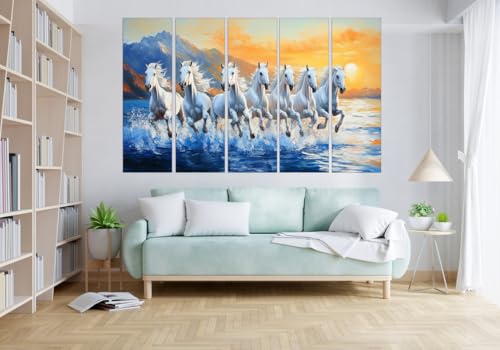 Image of KYARA ARTS 7 running Horses Wall Painting for Living Room Big Size(30inchx48inch) 7 Running Horses Painting Vastu for Bedroom, Office, Hotel - Wall Decor Wooden Framed-Digital Painting