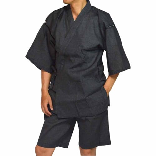 [部坂呉服店ＨＥＳＡＫＡ] 甚平 木箱 入り メンズ しじら織り 綿 麻 M L LL 父の日 ギフト プレゼント/M 2(黒ドッツ無地)