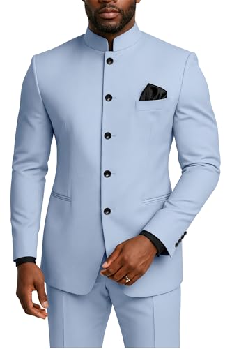 TIJOFA African Safari Suits for Men Light Blue 2 Piece Regular Fit Mens Chinese Tunic Suit for Wedding Big and Tall Suits Slim Fit Light Blue Stand Collar Chinese Suit Men Prom Tuxedo Formal 5XL