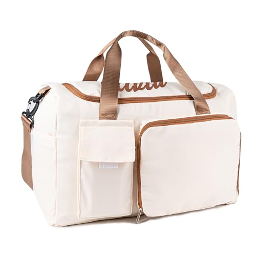 Duffel Bag for Women Girls Personalized Weekender Overnight Bag with Embroidered Name - Custom Travel Duffle with Shoe Compartment, Waterproof & Foldable, Bridesmaid Gift (Brown)