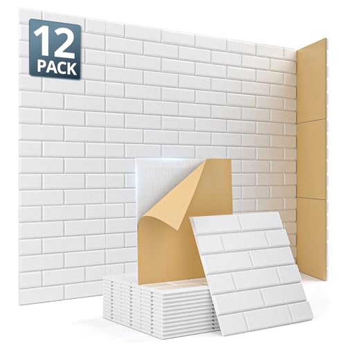 Image of Kuchoow Acoustic Sound Absorbing Self Adhesive Brick Felt Wall Panels for Studio Office, 12 Pack White Acoustic Treatment Tiles for Ceiling Decorative Boards for Bedroom Gaming Room 12''x12''x0.4''