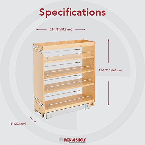 Rev-A-Shelf 448-Bc-8C 8 Inch Pull Out Kitchen Cabinet Storage Organizer Spice Rack W/3 Adjustable Sliding Wood Shelves, Chrome Rails, & 100Lb Capacity #TOP4