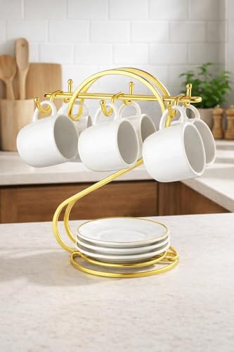 Image of Golden Metallic Cup and Saucer Stand - Set of 6 Cups Holder | Durable and Muti-Purpose Kitchen Rack | Exquisite & Stylish Design | Versatile Kitchen Countertop Rack