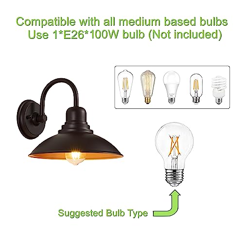 Image of GOLDHILL 10.5 inch Bronze Gooseneck Metal Outdoor Barn Light 2-Pack, Powder Coated Anti-Rust Farmhouse Exterior Wall Sconce with Gold Interior, Wet Location Rated for Porch, Garage, Bathroom Vanity