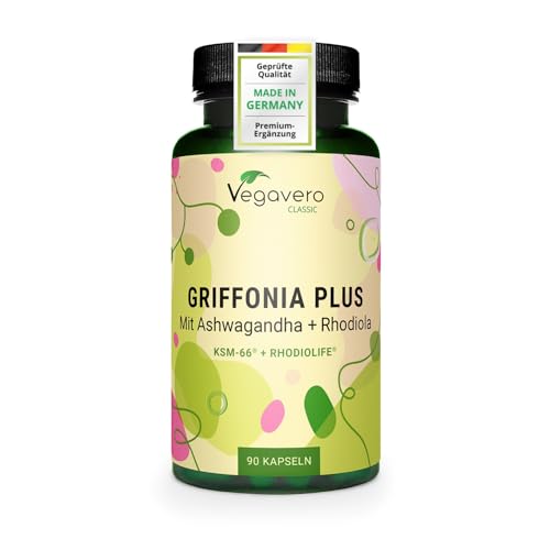 Vegavero 5-HTP Kapseln | aus Griffonia | Mit Ashwagandha KSM-66 und Rhodiola Rosea Rhodiolife | Adaptogene Komplex | Laborgeprüft | Ohne Zusatzstoffe | Deutsche Produktion