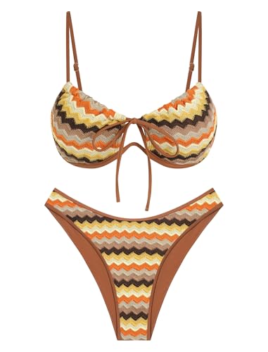 Image of ZAFUL Women High Cut Bikini Sets String Sexy Swimsuit Two Piece Underwire Bathing Suit Brazilian Cheeky Cut Out Cute Swimwear