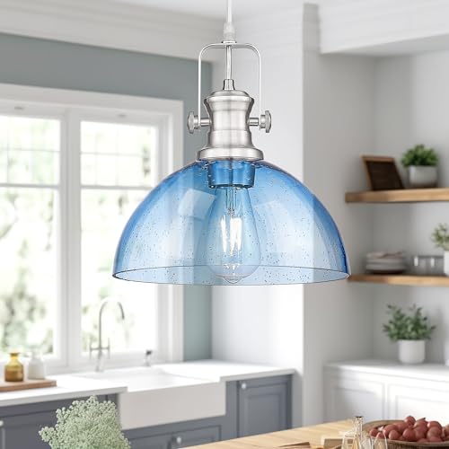 Image of 10.5 inch Brushed Nickel Pendant Lights Kitchen Island, Blue Shade | Farmhouse Vintage Hanging Light for Dining Room, Blue Seeded Glass Shade, Adjustable Cord, E26 Base, AD-22151-1PL-BK