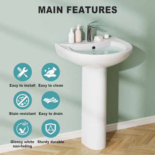 Bathroom Pedestal Sink, Pedestal Sink Combo for Restroom, 20''L X 17"W White Freestanding Ceramic Pedestal Sink With Overflow Hole and Pre-Drilled Single Hole