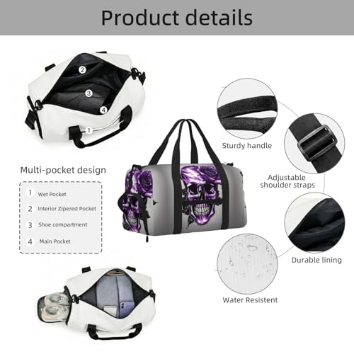 Bolsa de equipaje de mano con rosas y calaveras para tus viajes de fin de semana y gimnasio 6