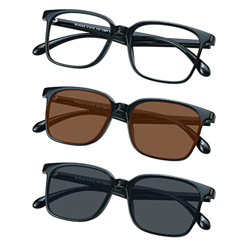 3 Pack Sunglasses for Men and Women, UV400 Sunglasses with Tan/Grey Lenses, Blue Light Blocking Glasses
