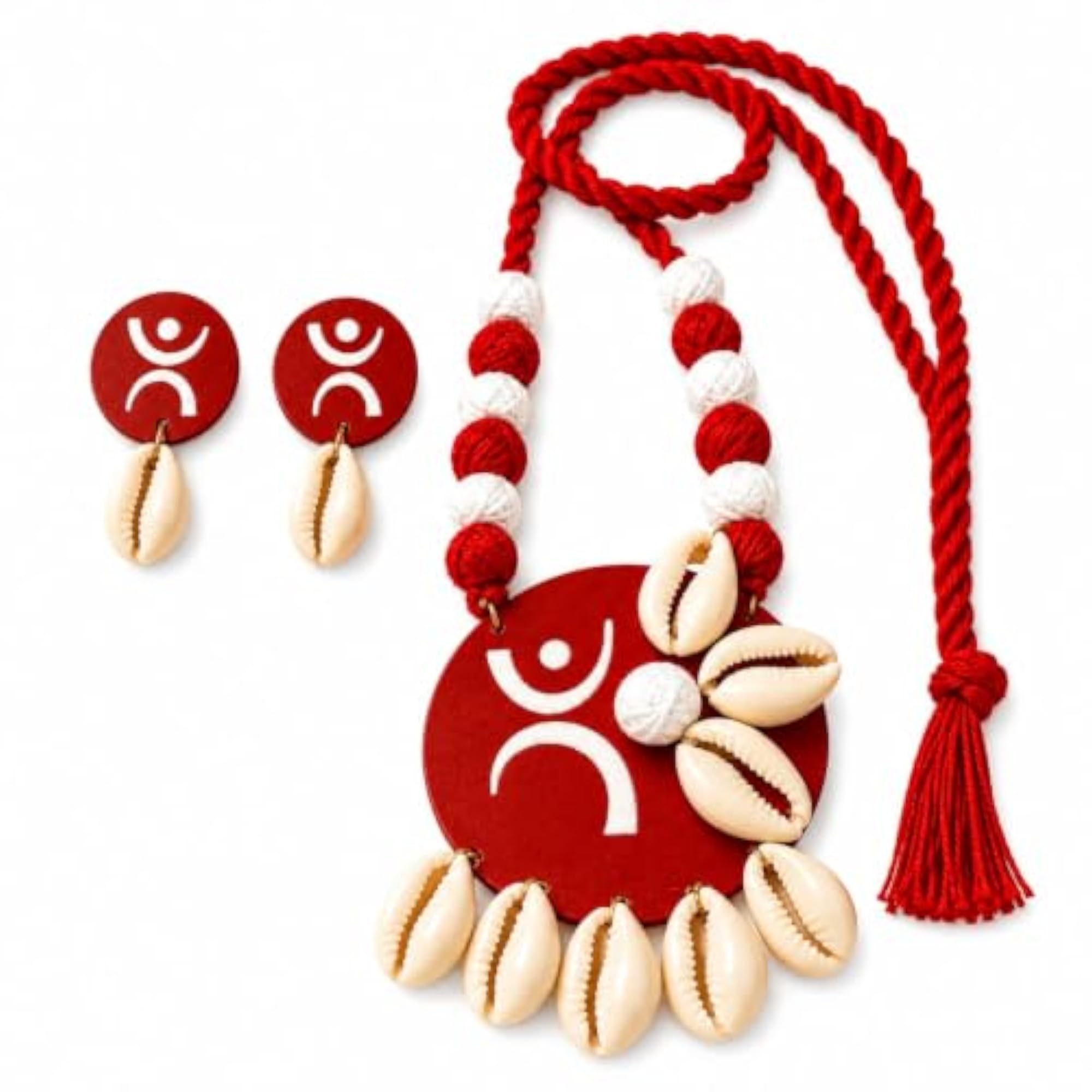 Red Tribal Pendant Necklace & Earrings Set with Cowrie Shells