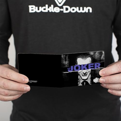 Buckle-Down Men's PU Bifold Wallet-The Joker Sliced Portrait Black/Grays/Purple, Multicolor, 4.0" x 3.5"4