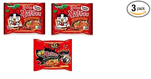 Samyang Korean Tomato Pasta Noodles PK2 & Buldak 2XSpicy Flavour Spicy Noddles PK1(420Gm)(Imported) Pack of 3 (Non - Vegetrian)