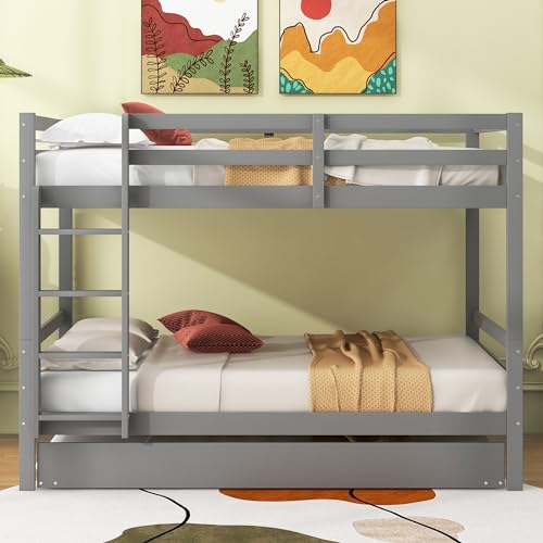 Hmdpoo Litera Triple de Pino con Cama Nido, 140x200cm, Gris, Escalera Estable, Barandilla Alta, para Niños y Adultos, Marco de Madera MDF, Capacidad 120kg
