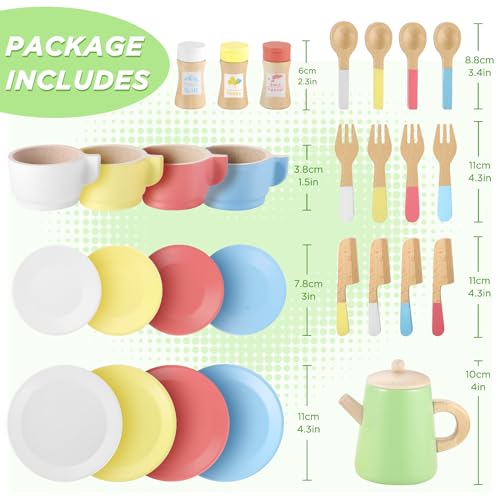 Image of GAGAKU Wood Tea Set and Wooden Play Dishes 2 in 1 Play Food Set Toy 28 PCS Montessori Play Kitchen Accessories Kitchen for Toddlers Cooking Playset for 3-8 Years Girls and Boys
