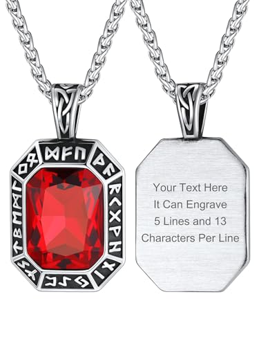 Image of ChainsHouse Viking Rune Pendant Necklace for Men Women, Punk Biker Black Metal /316L Stainless Steel Onyx Norse Vintage Amulet Necklaces with Black /Red /Green /Blue Gemstone, Send Gift Box