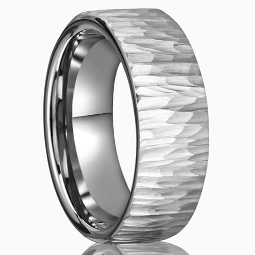 Tungsten Carbide Ring for Men Women 8mm Silvery Hammered Bark Textured Classic Men's Wedding Bands Polished Comfortable Fit Suitable for Party Anniversary