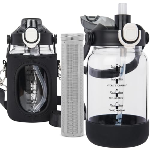 Seekua 1l Glass Water Bottle with Straw & Time Markings 1 litre Tea Bottle with Infuser for Loose Leaf Tea, Cold Brew Coffee