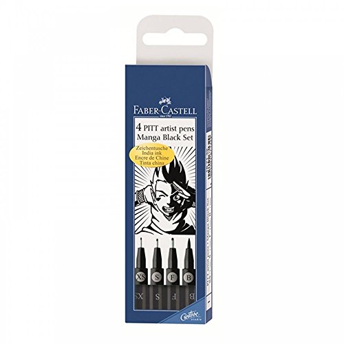 Faber-Castell 167132 - Set de stylos à encre noire, 4 stylos, pointes fines et pinceaux noirs