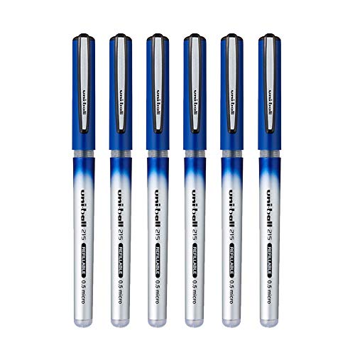 Image of Uniball UB-215 0.5mm Micro Roller Ball Pen | Smooth Long Lasting Smudge Free Ink | Water & Fade Resistant | Lightweighted Sleek Body | School and Office stationery | Blue Ink, Pack of 6