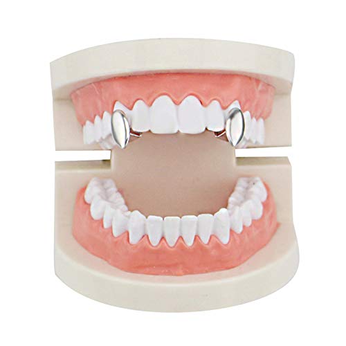 Mainlead 2 PC 14k Gold Plated Vampire Dracula Single Metal Fangs Hip Hop Teeth Grills Set SILVER