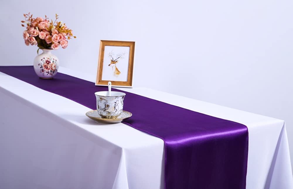 CNFQ 10 Satin Table Runners for Wedding Room Decoration 275 cm x 30 cm (Dark Purple)
