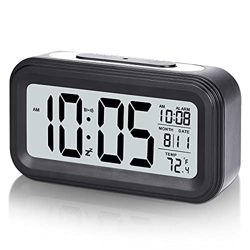 SZELAM Battery Digital Alarm Clock,LCD Clock Electronic for Bedroom Home Office ,with Date,Indoor Temperature,Snooze Light,Small-Sized,Backlight-Black