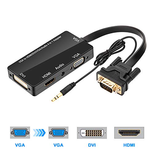 CABLEDECONN Multiport 4-in-1 PC VGA to VGA HDMI DVI Adapter Cable with Audio Output Converter