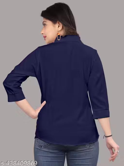 Image of Women's Cotton Blend Solid Formal Shirt with 3 /4 Sleeves-Navy Blue P4