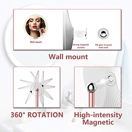 VERNBRIN Makeup Mirror with Led Lights,Magnetic Detachable Rose Gold Cosmetic Mirrors,1X/10X Magnification Vanity Mirror,Table and Wall Mount 2 in 1,360° Rotation,Touch Sensor,3 Color Lightings,USB