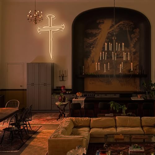 Image of Three Nails Led Cross Neon Sign for Wall Decor,Nails Jesus Light Up Cross Neon Lights for Home Decoration Room Decor, Christian Religious Events Easter Gifts for Church Room Bedroom Believers
