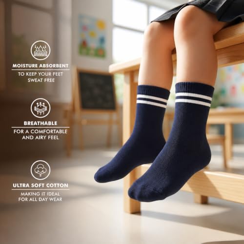 Image of Supersox Regular School Uniform Socks for Kids | Navy Colour-White Stripe | Combed Cotton, Breathable, Moisture Absorbent & Anti Odour | Extra Durable Welt for All-Day Comfort | Pack of 5